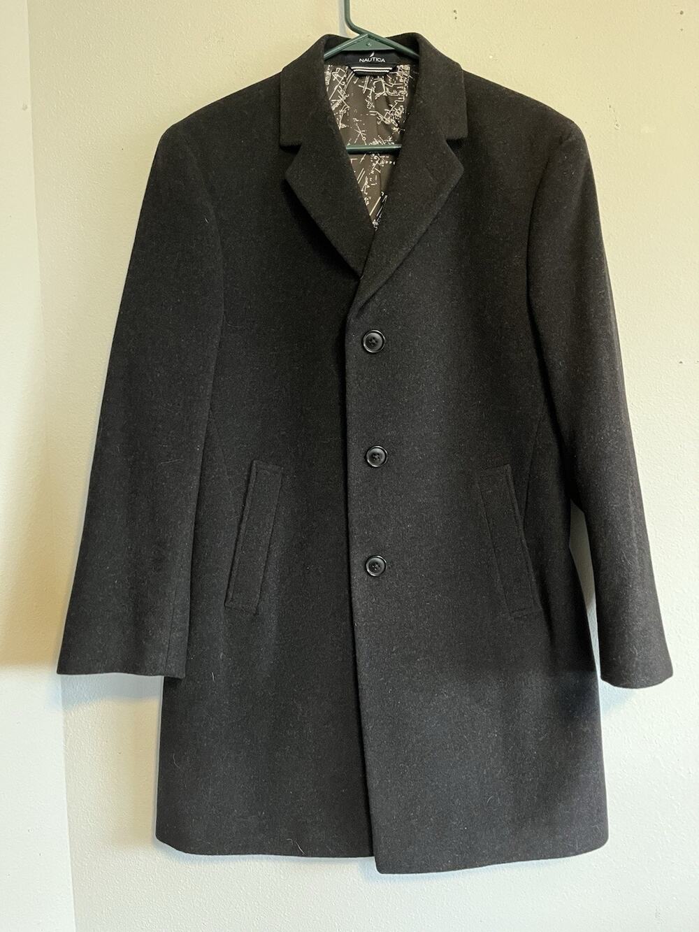 Nautica Men's Classic Fit Black Wool Cashmere Overcoat 3-Button Coat 36S Preppy